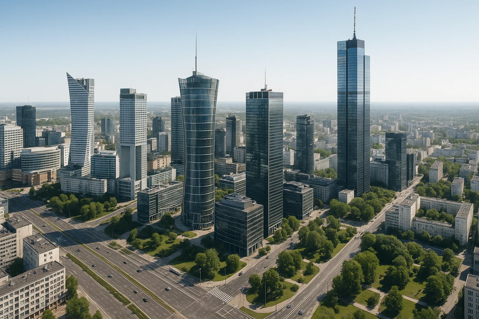 Panorama warszawskiego centrum biznesowego z nowoczesnymi wieżowcami, zielenią i infrastrukturą miejską w słoneczny dzień.