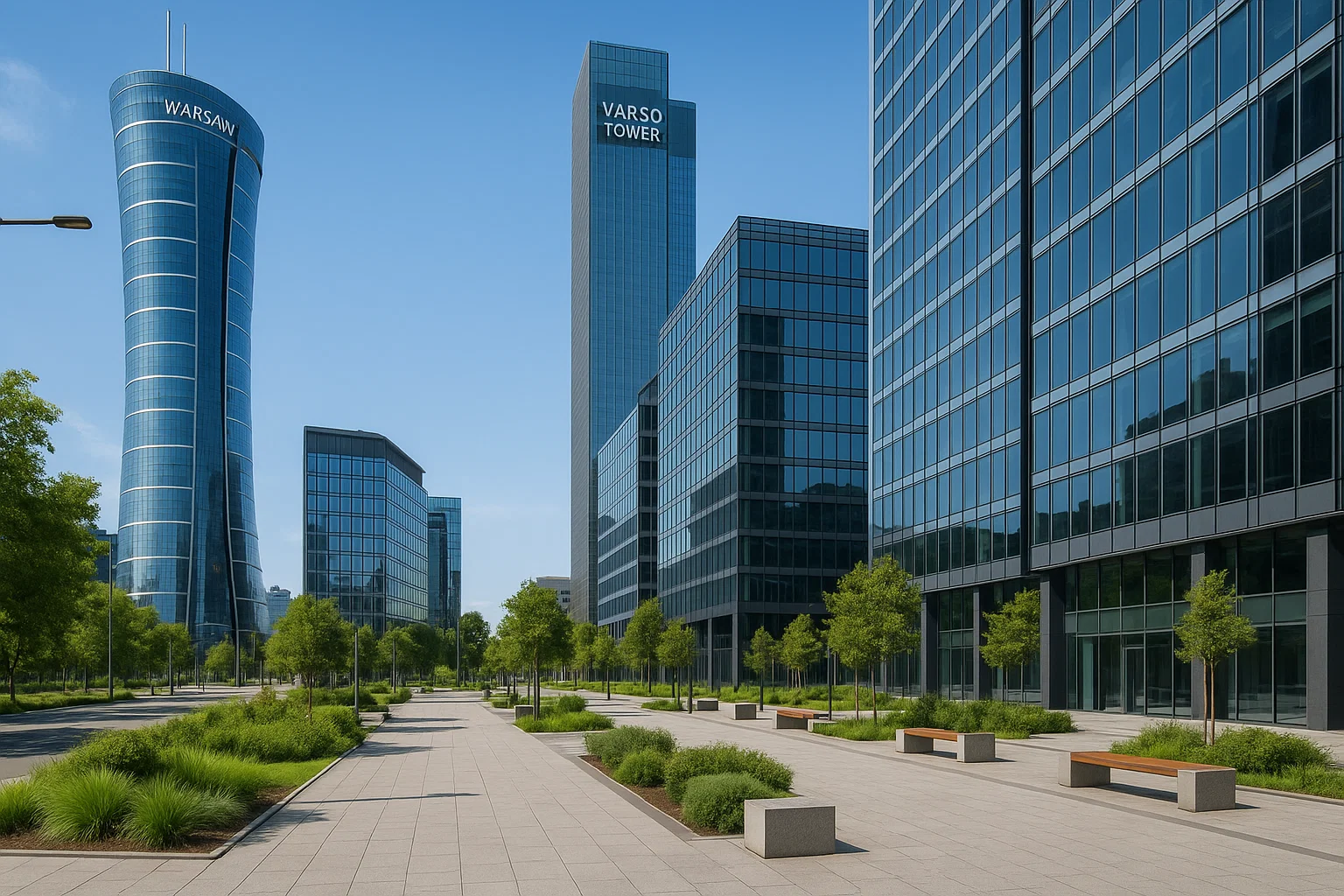 Ulica w warszawskim centrum biznesowym z nowoczesnymi biurowcami, zielenią i miejską infrastrukturą w słoneczny dzień.