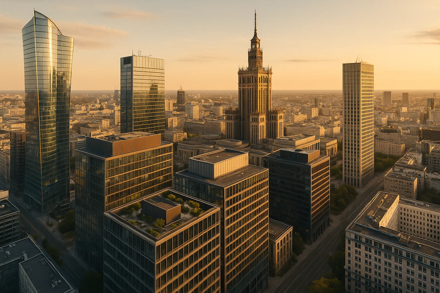 Panorama centrum biznesowego Warszawy o zachodzie słońca z nowoczesnymi szklanymi wieżowcami, biurowcami premium i tarasami na dachach, w tle Pałac Kultury i Nauki.