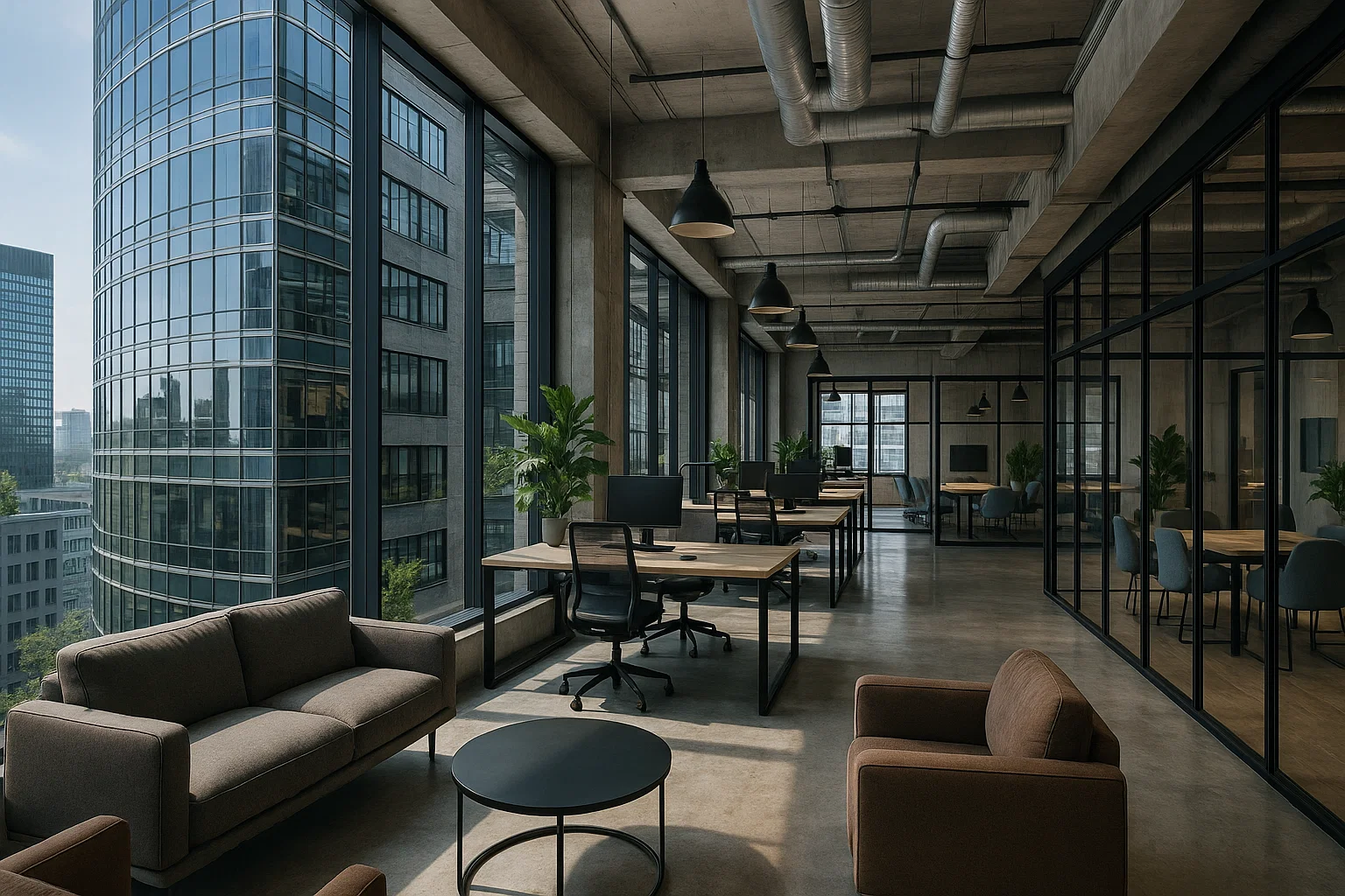 Nowoczesne biura w Warszawie — wieżowiec w centrum biznesowym i kreatywny hub coworkingowy z jasnymi, stylowymi wnętrzami.